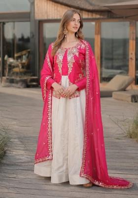 Pink Embroidered Silk Anarkali With Dupatta
