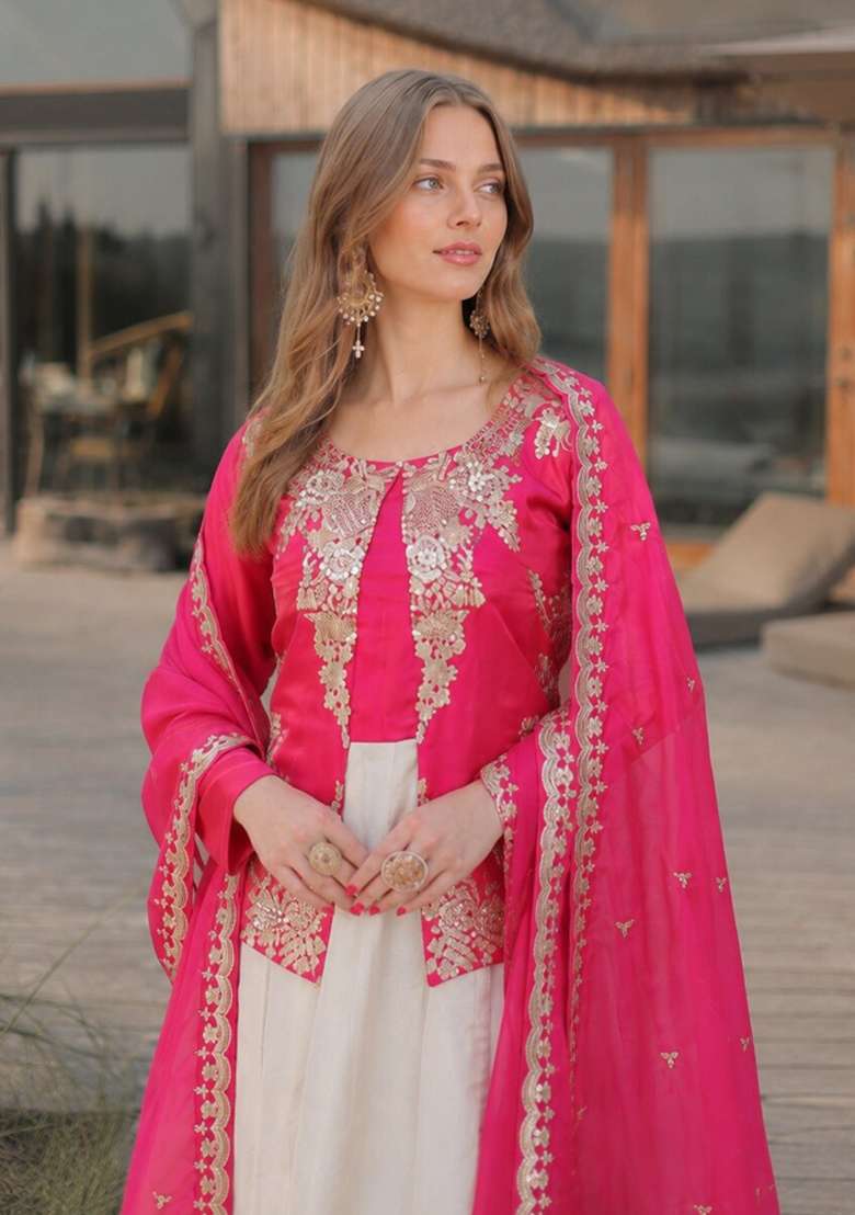 Pink Embroidered Silk Anarkali With Dupatta - Indya
