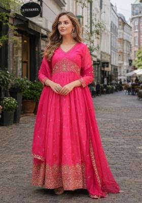 Pink Embroidered Silk Anarkali With Dupatta