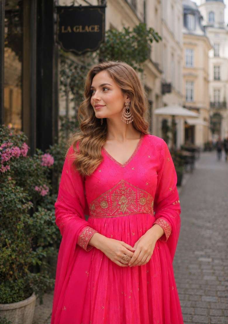 Pink Embroidered Silk Anarkali With Dupatta - Indya