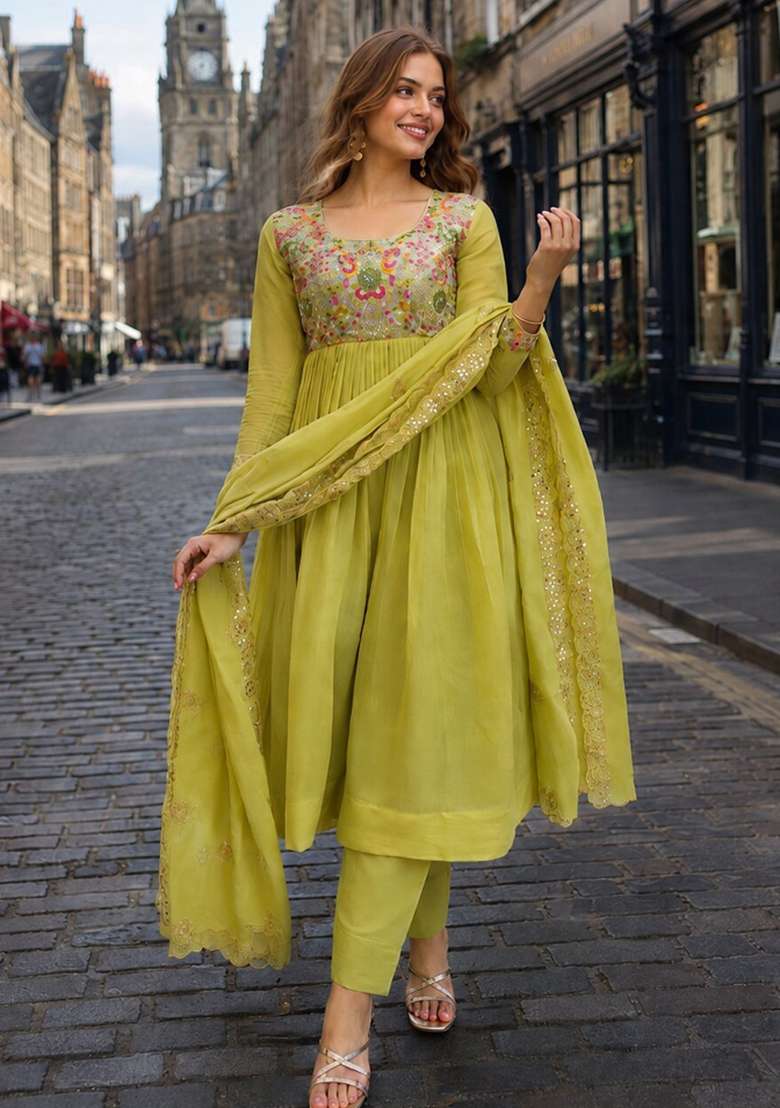 Green Embroidered Silk Anarkali Set - Indya