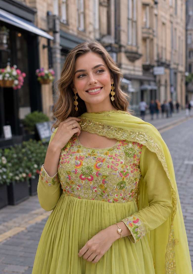 Green Embroidered Silk Anarkali Set - Indya