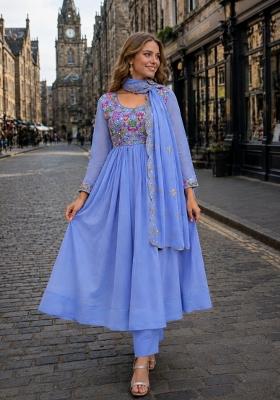 Blue Embroidered Silk Anarkali Set
