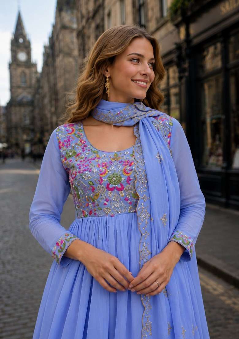 Blue Embroidered Silk Anarkali Set - Indya