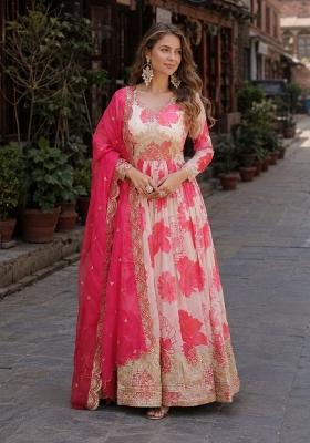 Pink Embroidered Silk Anarkali With Dupatta