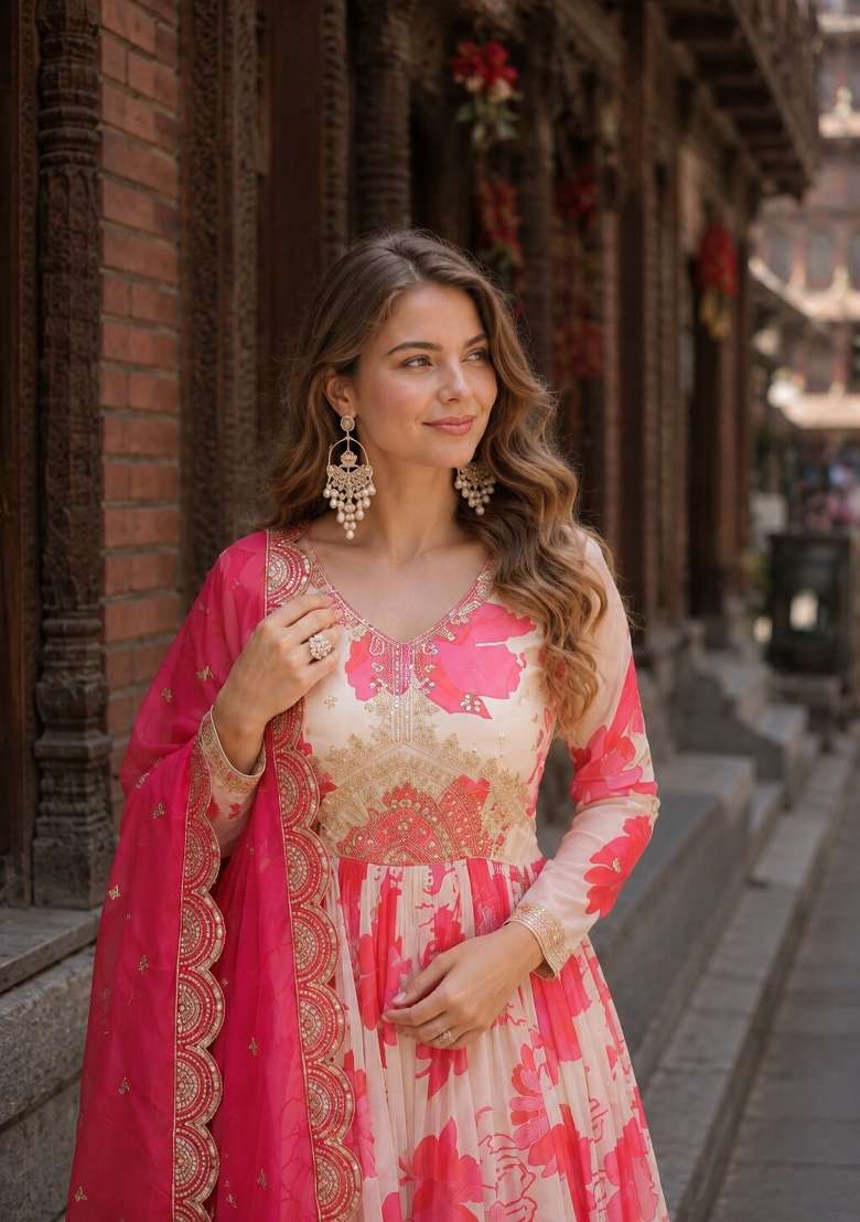 Pink Embroidered Silk Anarkali With Dupatta - Indya