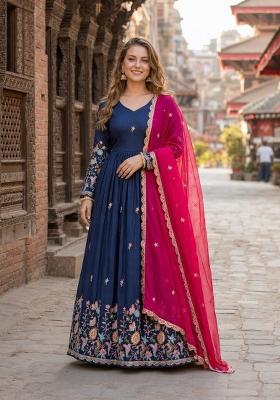 Navy Blue Zari Work Silk Anarkali With Dupatta