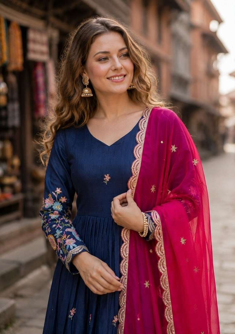 Navy Blue Zari Work Silk Anarkali With Dupatta - Indya