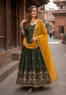 Mehendi Zari Work Silk Anarkali With Dupatta