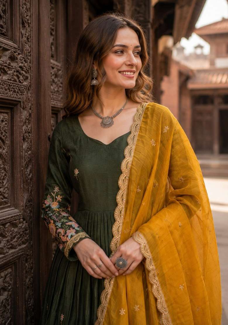 Mehendi Zari Work Silk Anarkali With Dupatta - Indya