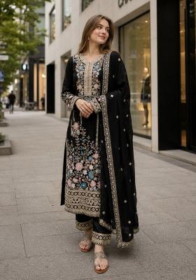 Black Embroidered Silk Kurta Set