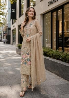 Beige Embroidered Silk Kurta Set