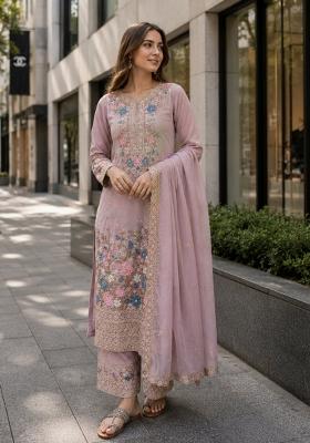 Lavender Embroidered Silk Kurta Set