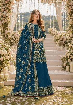 Teal Embroidered Georgette Kurta Set