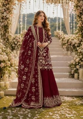 Maroon Embroidered Georgette Kurta Set