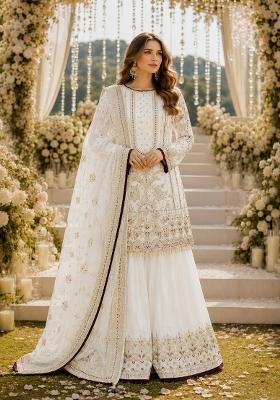 Off White Embroidered Georgette Kurta Set