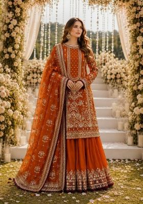 Orange Embroidered Georgette Kurta Set
