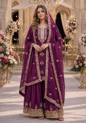 Purple Embroidered Silk Kurta Set