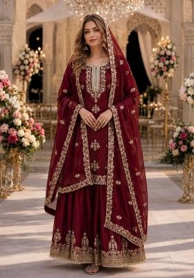 Maroon Embroidered Silk Kurta Set