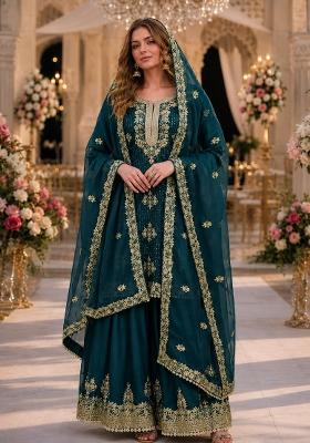 Teal Blue Embroidered Silk Kurta Set