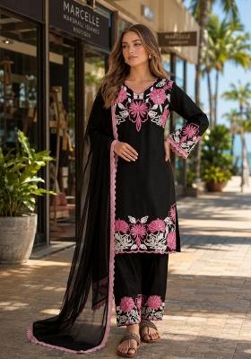 Black Embroidered Silk Kurta Set