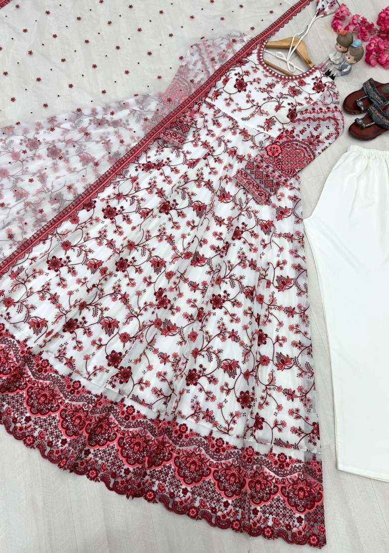 White Embroidered Georgette Anarkali Set - Indya