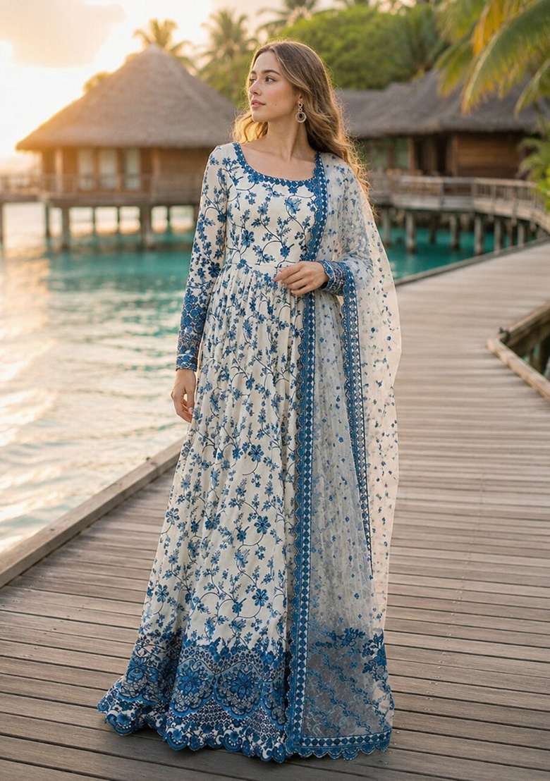 White Embroidered Georgette Anarkali Set - Indya