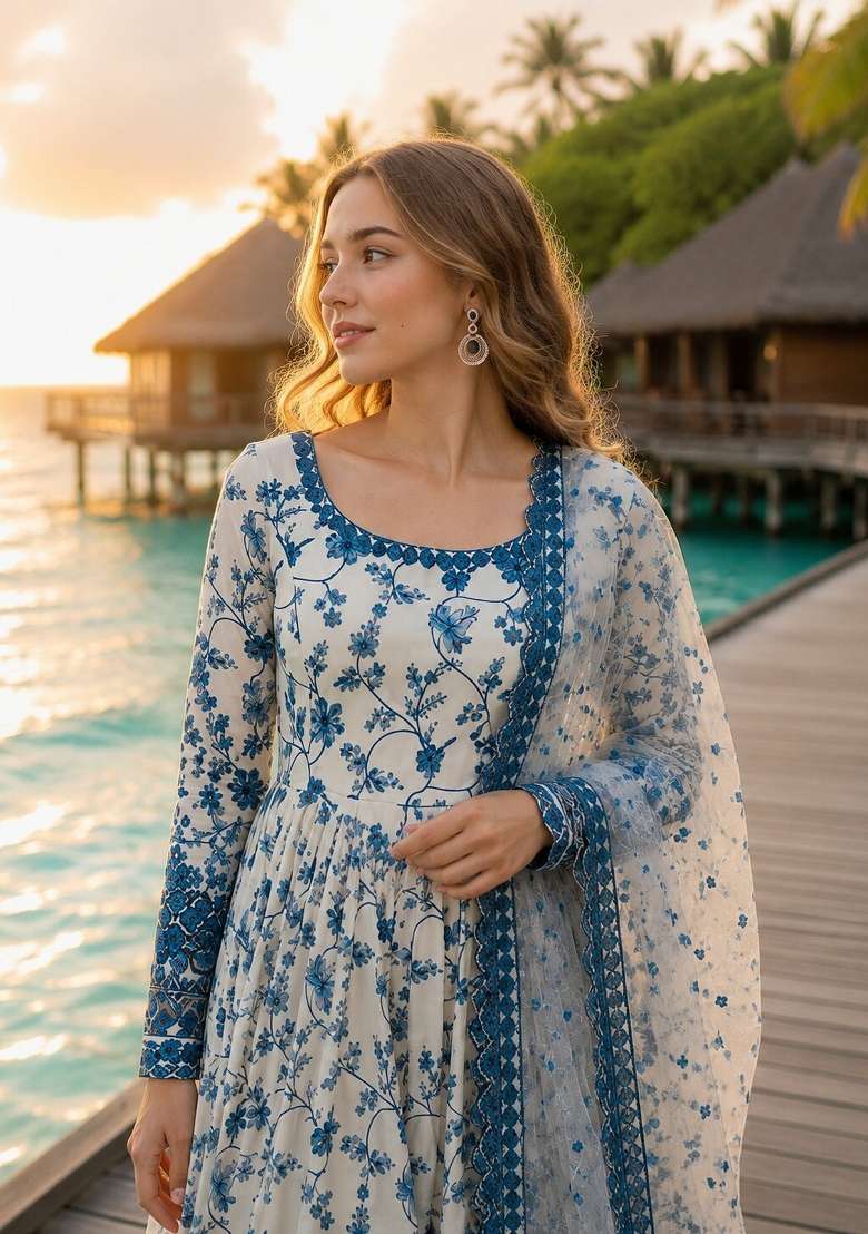 White Embroidered Georgette Anarkali Set - Indya