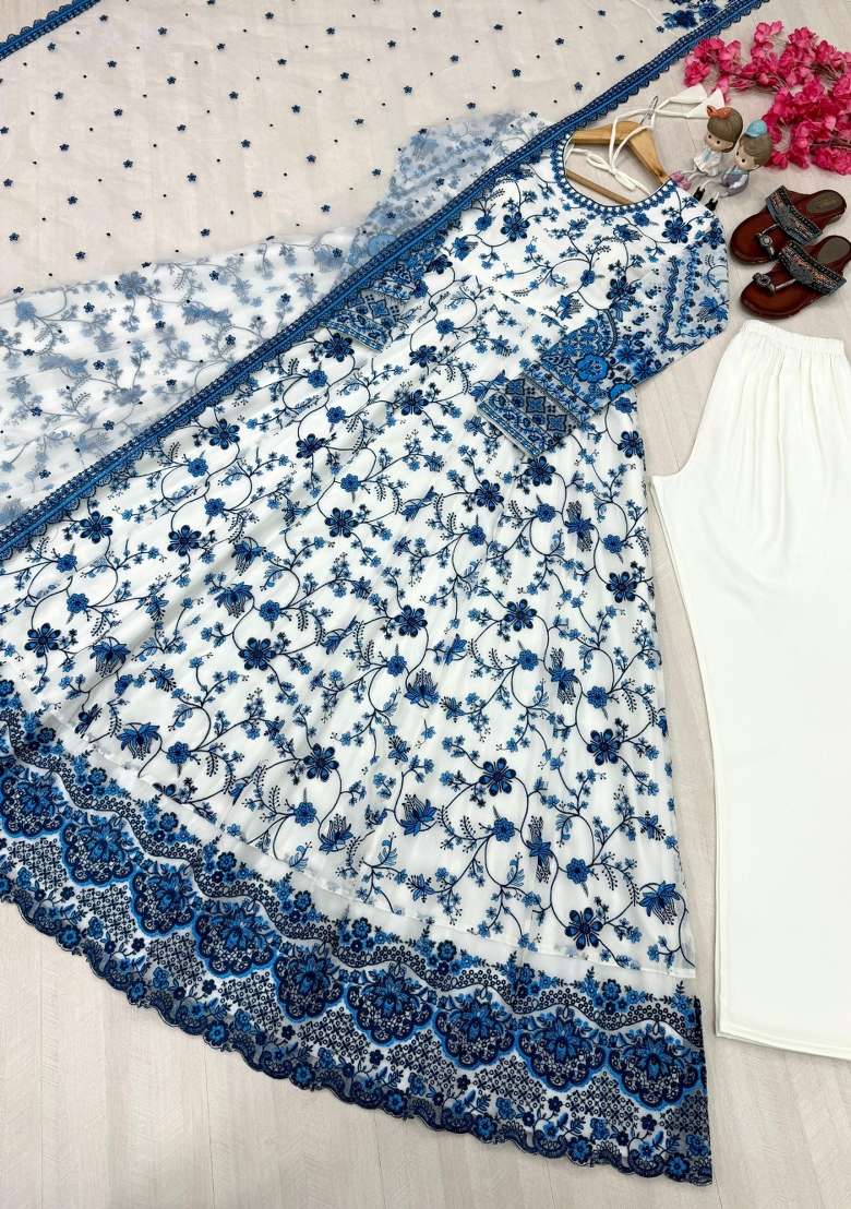 White Embroidered Georgette Anarkali Set - Indya