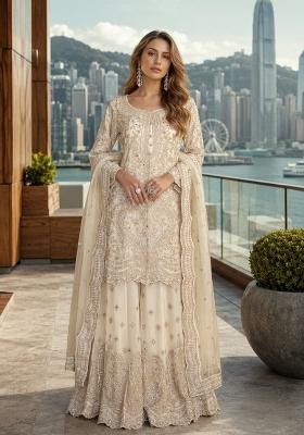 White Embroidered Net Kurta Set