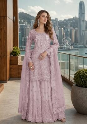Lavender Embroidered Net Kurta Set