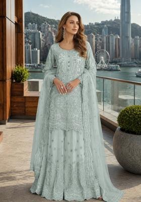 Blue Embroidered Net Kurta Set