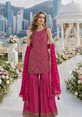 Rani Pink Embroidered Georgette Kurta Set