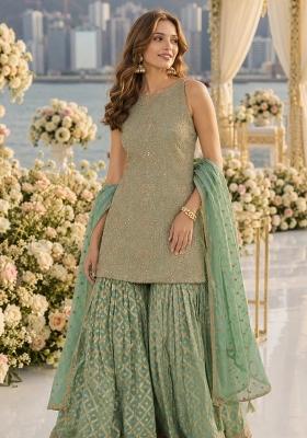 Sea Green Embroidered Georgette Kurta Set