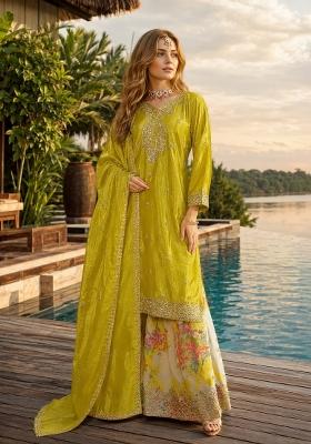 Mustard Sequin Work Silk Kurta Set