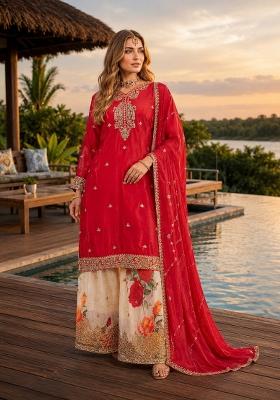 Red Sequin Work Silk Kurta Set