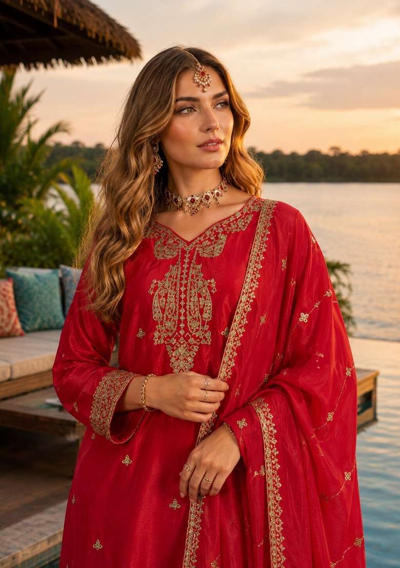 Red Sequin Work Silk Kurta Set - Indya
