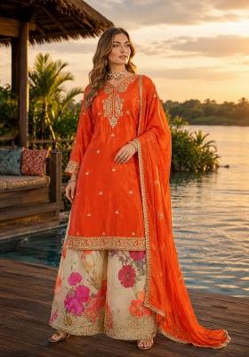 Orange Sequin Work Silk Kurta Set