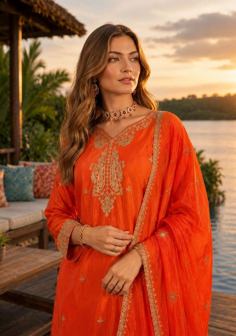 Orange Sequin Work Silk Kurta Set - Indya