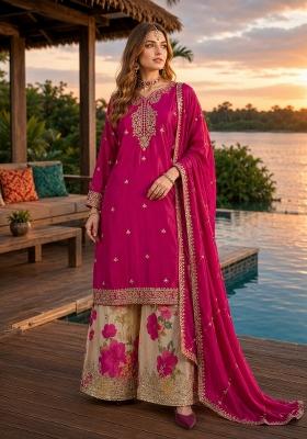 Hot Pink Sequin Work Silk Kurta Set