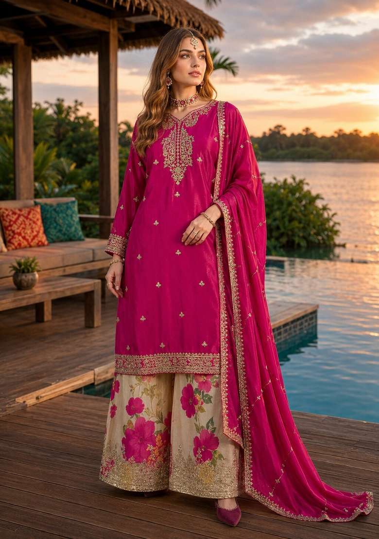 Hot Pink Sequin Work Silk Kurta Set - Indya
