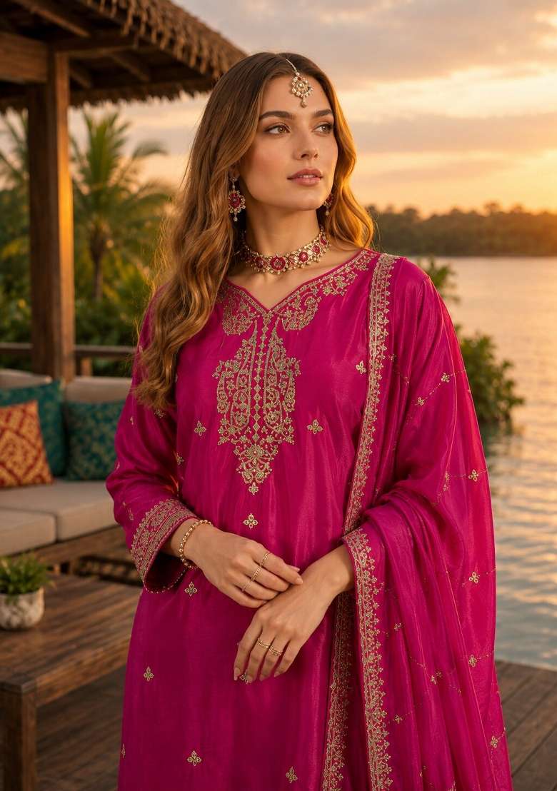 Hot Pink Sequin Work Silk Kurta Set - Indya