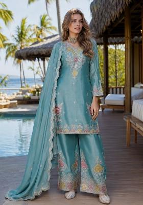 Sky Blue Sequin Work Silk Kurta Set