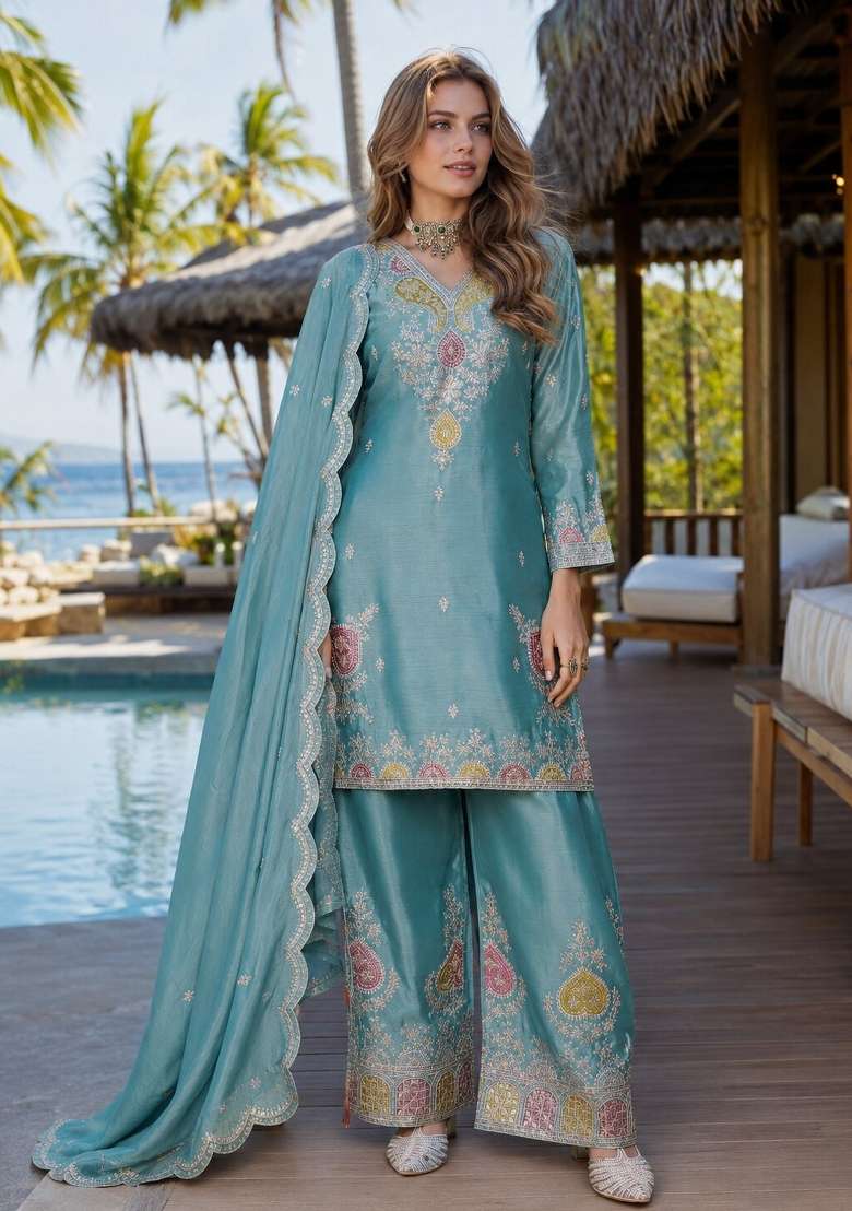 Sky Blue Sequin Work Silk Kurta Set - Indya
