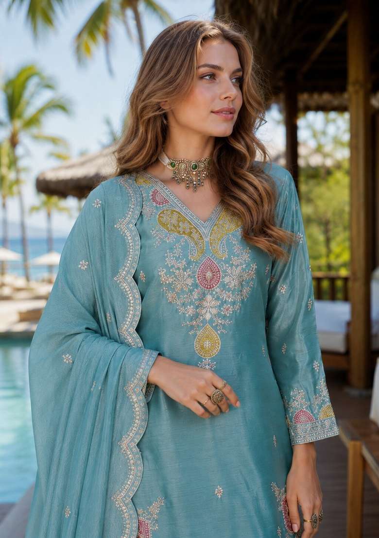 Sky Blue Sequin Work Silk Kurta Set - Indya