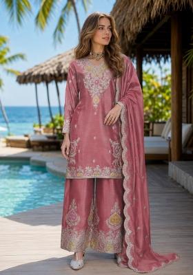 Peach Sequin Work Silk Kurta Set