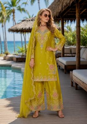 Mustard Sequin Work Silk Kurta Set