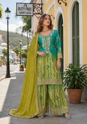 Sea Green Floral Print Silk Kurta Set