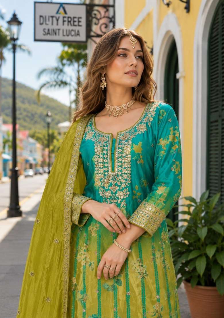 Sea Green Floral Print Silk Kurta Set - Indya