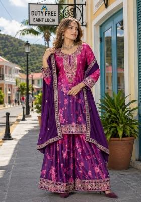 Purple Floral Print Silk Kurta Set